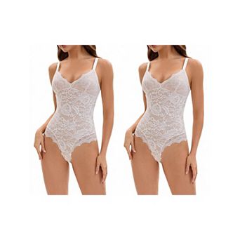 2 Packs Women's V-Neck Shapewear Jumpsuit Tummy Control Sleeveless Floral Lace Leotard Bodysuit