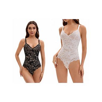 2 Packs Women's V-Neck Shapewear Jumpsuit Tummy Control Sleeveless Floral Lace Leotard Bodysuit