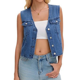 Women's Cropped Denim Vest V Neck Western Button Up Sleeveless Jean Waistcoat Jacket