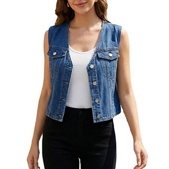 Women's Cropped Denim Vest V Neck Western Button Up Sleeveless Jean Waistcoat Jacket