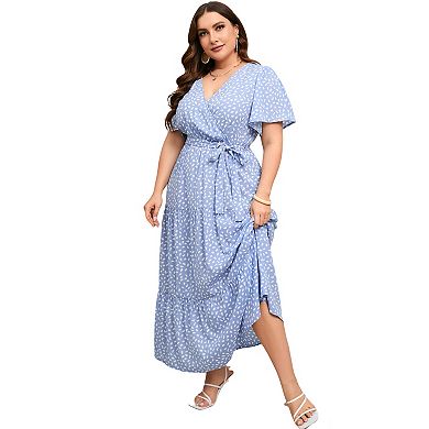 Plus Size Wrap Summer Maxi Dress - V-Neck Tiered Dress with Belt