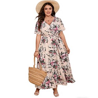 Plus Size Wrap Summer Maxi Dress - V-Neck Tiered Dress with Belt