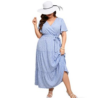 Plus Size Wrap Summer Maxi Dress - V-Neck Tiered Dress with Belt