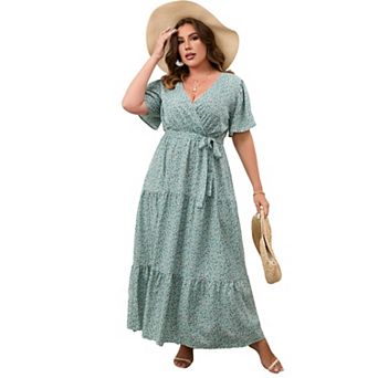 Plus Size Wrap Summer Maxi Dress - V-Neck Tiered Dress with Belt