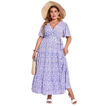 Plus Size Wrap Summer Maxi Dress - V-Neck Tiered Dress with Belt