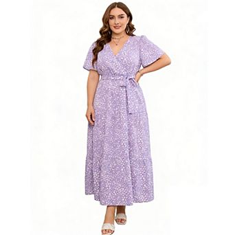 Plus Size Wrap Summer Maxi Dress - V-Neck Tiered Dress with Belt