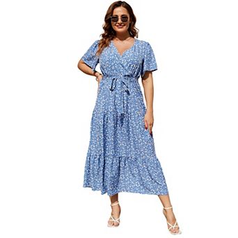 Plus Size Wrap Summer Maxi Dress - V-Neck Tiered Dress with Belt