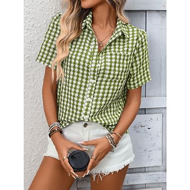 Women's Short Sleeve Gingham Blouse Button Down Blouse Summer Plaid Checkered Shirt