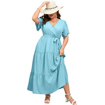 Wrap Maxi Dress for Women - Plus Size V-Neck Tiered Summer Dress with Belt