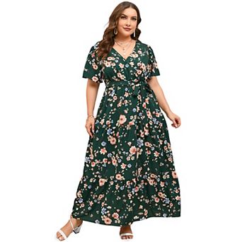 Wrap Maxi Dress for Women - Plus Size V-Neck Tiered Summer Dress with Belt