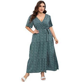 Wrap Maxi Dress for Women - Plus Size V-Neck Tiered Summer Dress with Belt