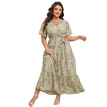 Wrap Maxi Dress for Women - Plus Size V-Neck Tiered Summer Dress with Belt