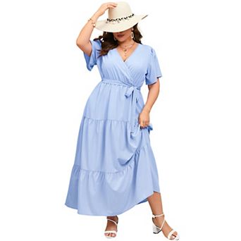 Wrap Maxi Dress for Women - Plus Size V-Neck Tiered Summer Dress with Belt