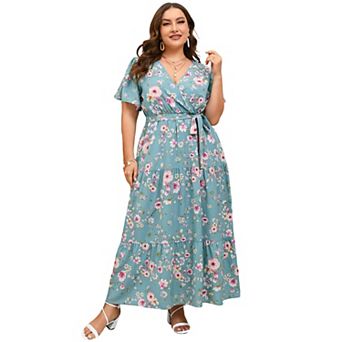 Wrap Maxi Dress for Women - Plus Size V-Neck Tiered Summer Dress with Belt