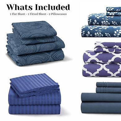 Lux Decor 4 Pc Premium Microfiber Sheets Set Ultra Soft Printed & Solid Bed Sheet with Pillowcases