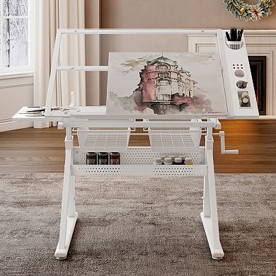 GOODSILO Adjustable Tempered Glass Drafting Table with Chair and Storage