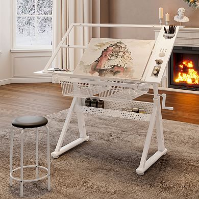 GOODSILO Adjustable Tempered Glass Drafting Table with Chair and Storage