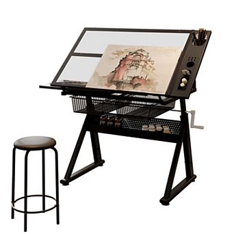 GOODSILO Adjustable Tempered Glass Drafting Table with Chair and Storage