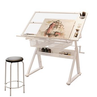 GOODSILO Adjustable Tempered Glass Drafting Table with Chair and Storage