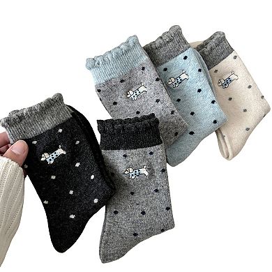 3-Pair Polka Dot Crew Socks with Embroidered Dog Detail Ruffle Cuff Soft Knit Everyday Sock Set