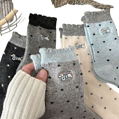 3-Pair Polka Dot Crew Socks with Embroidered Dog Detail Ruffle Cuff Soft Knit Everyday Sock Set