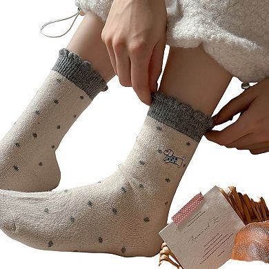 3-Pair Polka Dot Crew Socks with Embroidered Dog Detail Ruffle Cuff Soft Knit Everyday Sock Set