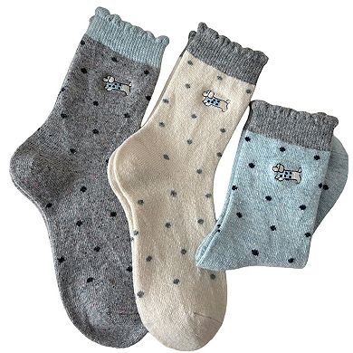3-Pair Polka Dot Crew Socks with Embroidered Dog Detail Ruffle Cuff Soft Knit Everyday Sock Set