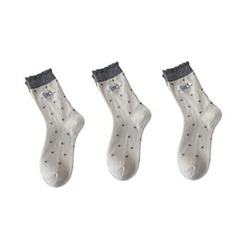 3-Pair Polka Dot Crew Socks with Embroidered Dog Detail Ruffle Cuff Soft Knit Everyday Sock Set