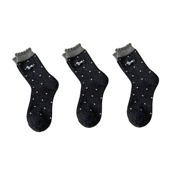 3-Pair Polka Dot Crew Socks with Embroidered Dog Detail Ruffle Cuff Soft Knit Everyday Sock Set