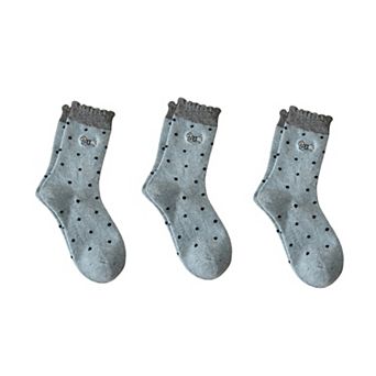 3-Pair Polka Dot Crew Socks with Embroidered Dog Detail Ruffle Cuff Soft Knit Everyday Sock Set