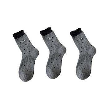 3-Pair Polka Dot Crew Socks with Embroidered Dog Detail Ruffle Cuff Soft Knit Everyday Sock Set