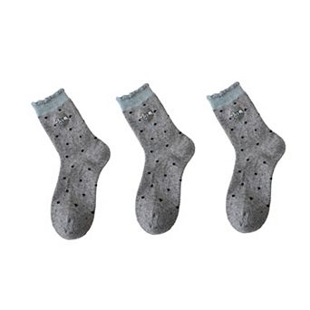 3-Pair Polka Dot Crew Socks with Embroidered Dog Detail Ruffle Cuff Soft Knit Everyday Sock Set