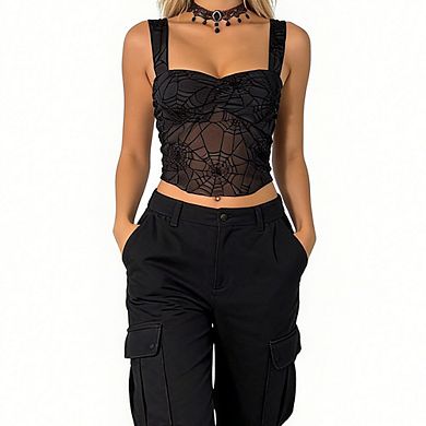 Women's Mesh Crop Tank Top Sweetheart Neck Ruched Asymmetrical Hem Blouse