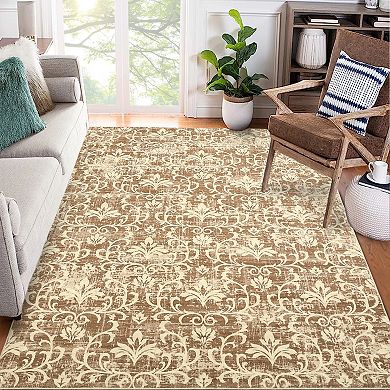 Vintage Damask Area Rug Machine Washable Vacuum Clean Ultra Thin Stain Resistant Carpet for Bedroom
