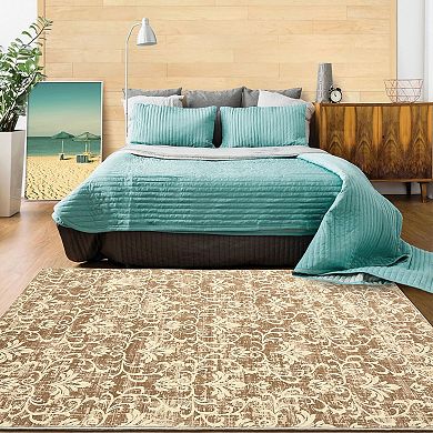 Vintage Damask Area Rug Machine Washable Vacuum Clean Ultra Thin Stain Resistant Carpet for Bedroom