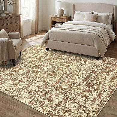 Vintage Damask Area Rug Machine Washable Vacuum Clean Ultra Thin Stain Resistant Carpet for Bedroom