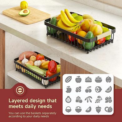 2 Tier Fruit Basket for Kitchen with Banana Hooks and Protective Mats