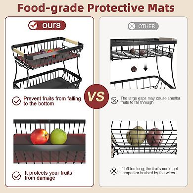 2 Tier Fruit Basket for Kitchen with Banana Hooks and Protective Mats