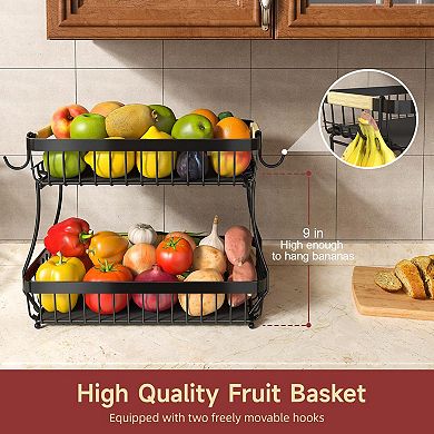2 Tier Fruit Basket for Kitchen with Banana Hooks and Protective Mats