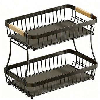 2 tier Fruit Basket for Kitchen with Banana Hooks and Protective Mats