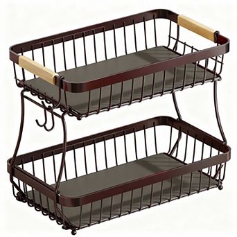 2 tier Fruit Basket for Kitchen with Banana Hooks and Protective Mats