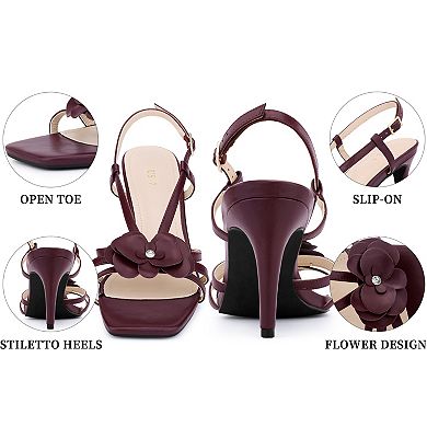 Women's Strappy Square Toe Sandal Floral Stiletto Heeled Slingback Heel Sandals