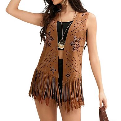 Women's Sleeveless Open Front Vest Cutout Fringe Trim Soft Faux Suede Tops