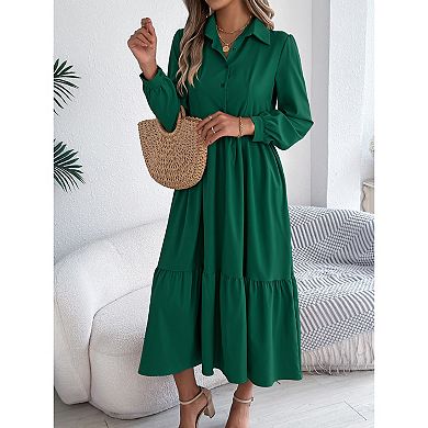 Women's Long Sleeve Dress Button Down Flowy Fall Ruffle Maxi Holiday Dresses