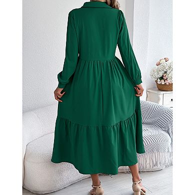 Women's Long Sleeve Dress Button Down Flowy Fall Ruffle Maxi Holiday Dresses