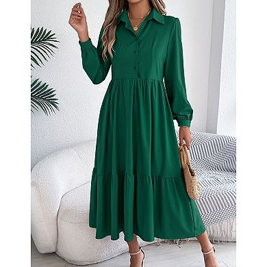 Women's Long Sleeve Dress Button Down Flowy Fall Ruffle Maxi Holiday Dresses