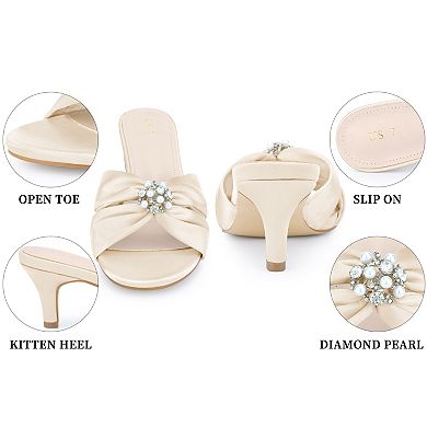Women's Rhinestone Pearl Kitten Heels Slip on Slide Sandals
