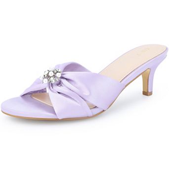 Women's Rhinestone Pearl Kitten Heels Slip on Slide Sandals