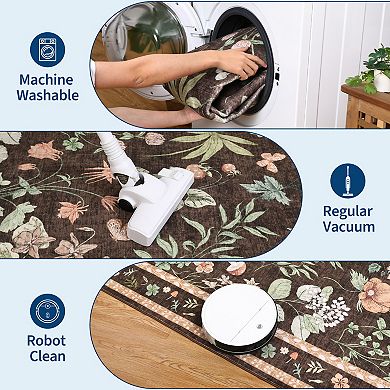 Washable Floral Area Rug, Non-Slip Low Pile Rug, Stain Resistance Carpet