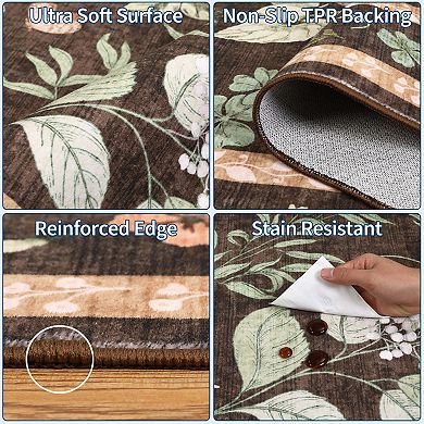Washable Floral Area Rug, Non-Slip Low Pile Rug, Stain Resistance Carpet